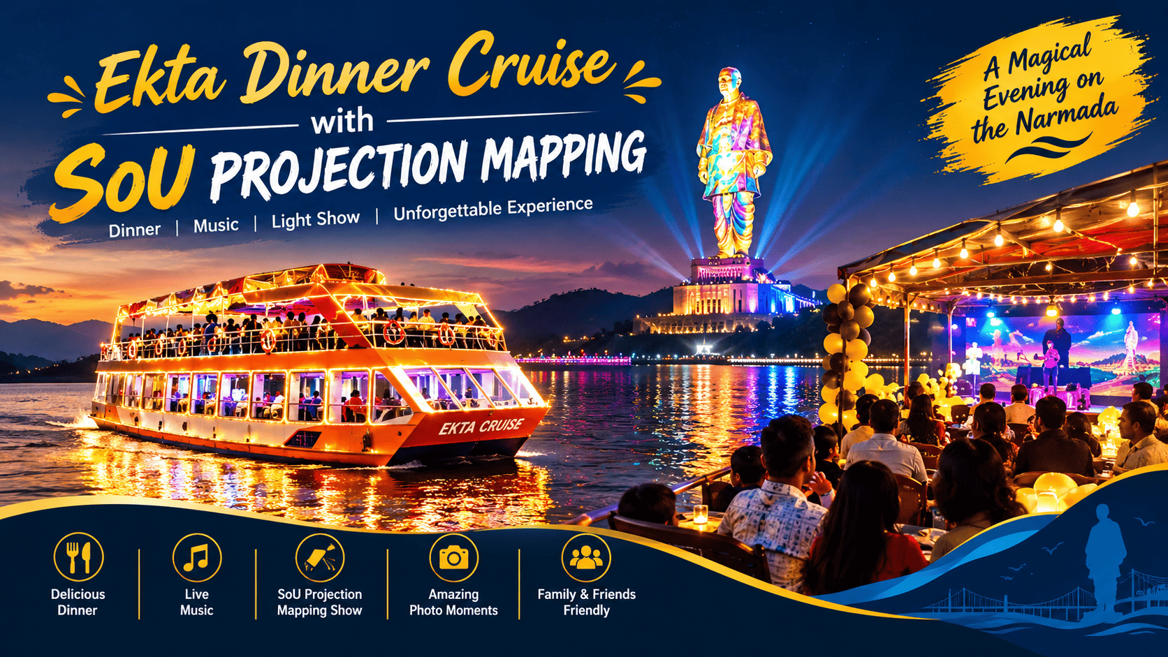 Statue Of Unity Ekta Dinner Cruise + Projection Mapping View